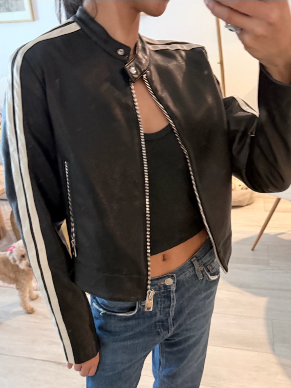Mango Black Leather Jacket with White Racing Stripes